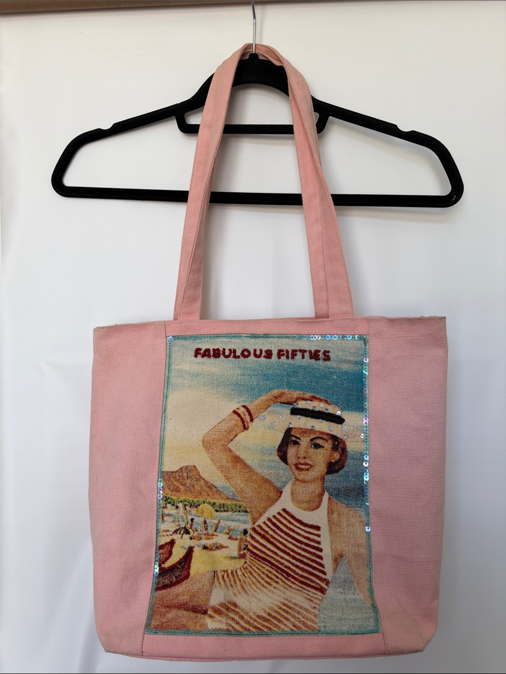 Vintage Y2K Fabulous Fifties Beaded Pink Canvas Tote Bag